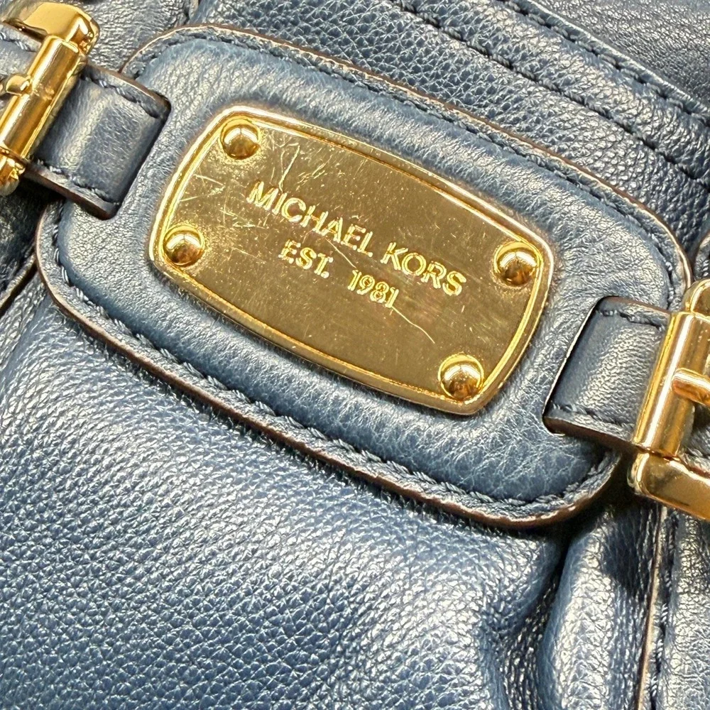 Michael Kors Gansevoort Tote Blue Leather Magnetic Snap Dual Handle Medium Bag